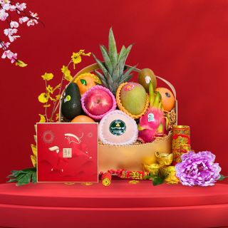 Lunar New Year Hampers-Sweet Golden Deluxe Fruit Hamper with Peninsula CNY Pudding
