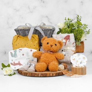 a wicker basket includes a teddy bear, socks,romper