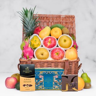 A Relaxing Moment fresh fruit hamper with tea and Godiva chocolates