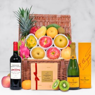 Fresh fruit hamper with wine, champagne and chocolates.