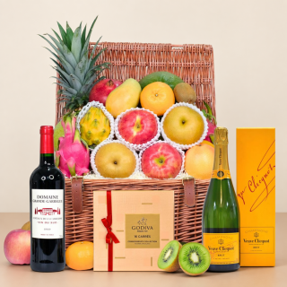 Fresh fruit hamper with wine, champagne and chocolates.