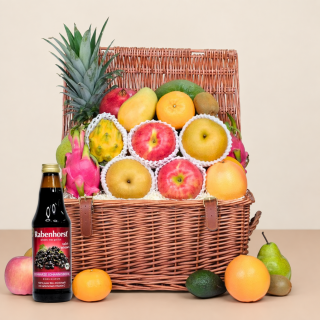 Fresh seasonal fruit hamper with organic juice