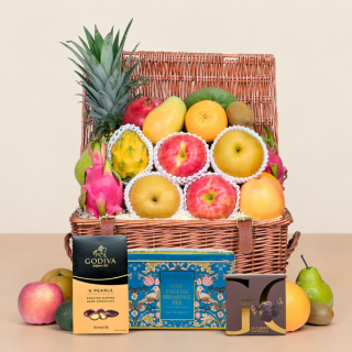 A Relaxing Moment fresh fruit hamper with tea and Godiva chocolates