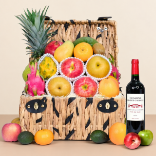 Deluxe fruit hamper with red wine
