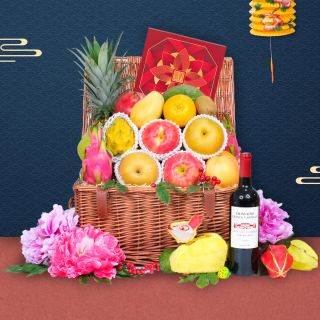 Mid Autumn Hampers-Classic Mid Autumn Fruit Hamper with Peninsula Mooncake & Wine or Champagne