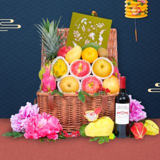 Classic Mid Autumn Fruit Hamper with Landmark Mandarin Oriental HK Mooncake & Wine or Champagne