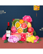 Gold Blossom Fruit Hamper with Wine