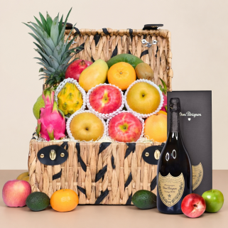 Fruit Hampers- Fresh fruit basket with Dom Pérignon champagne